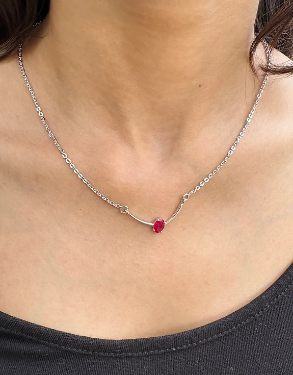 Ruby Stone Single Pendant Silver Necklace