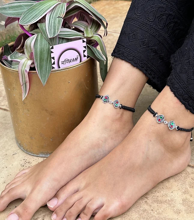 Dainty Black Thread Silver Anklet