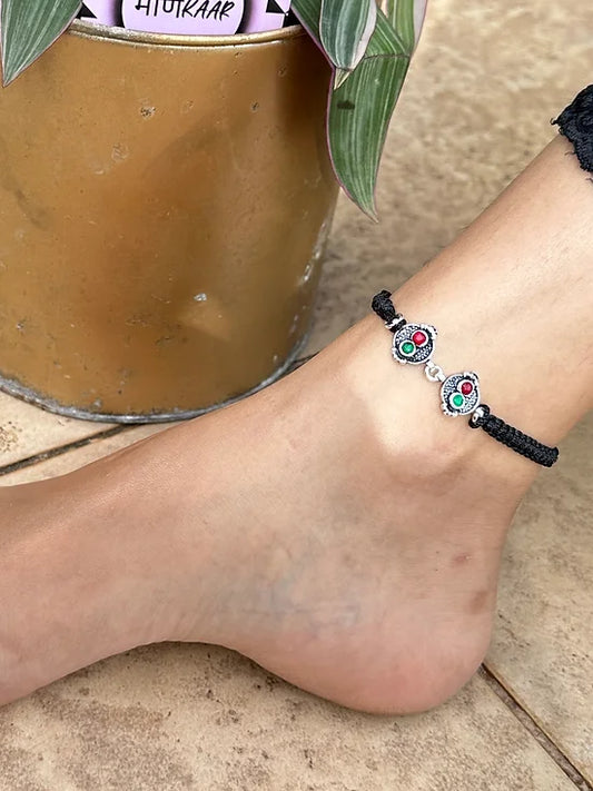 Dainty Black Thread Silver Anklet