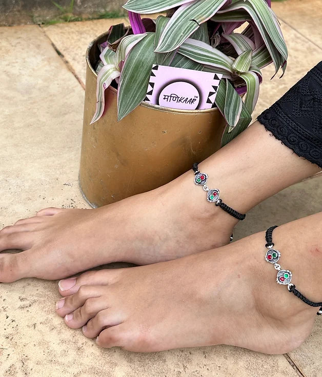 Dainty Black Thread Silver Anklet